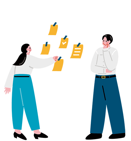 メモをいくつも貼り出すスタッフ 提案するイメージのイラスト