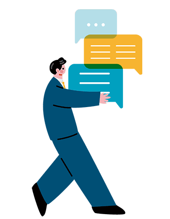 吹き出しを抱えるスタッフ アイデアを出すイメージのイラスト