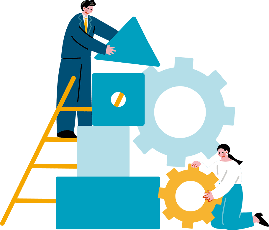 パーツを組み立てるスタッフ 開発するイメージのイラスト